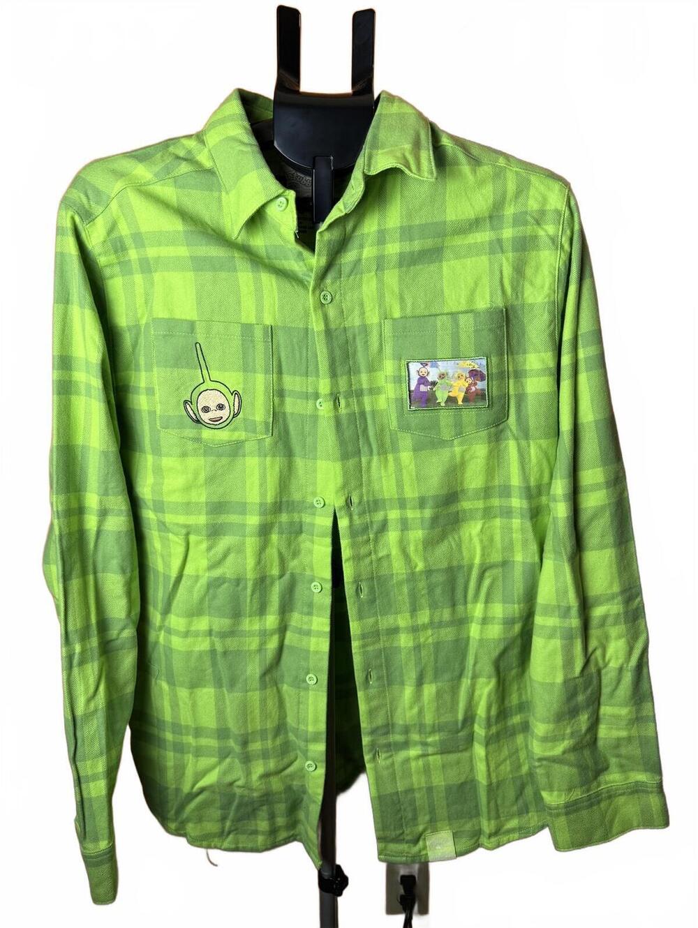 New NWT Cakeworthy Green Teletubbies Plaid long Button Up Shirt sz L large